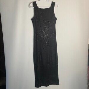 VTG Molly Malloy Sequin & Lace Evening Gown Black Maxi Dress Made in USA Size 14